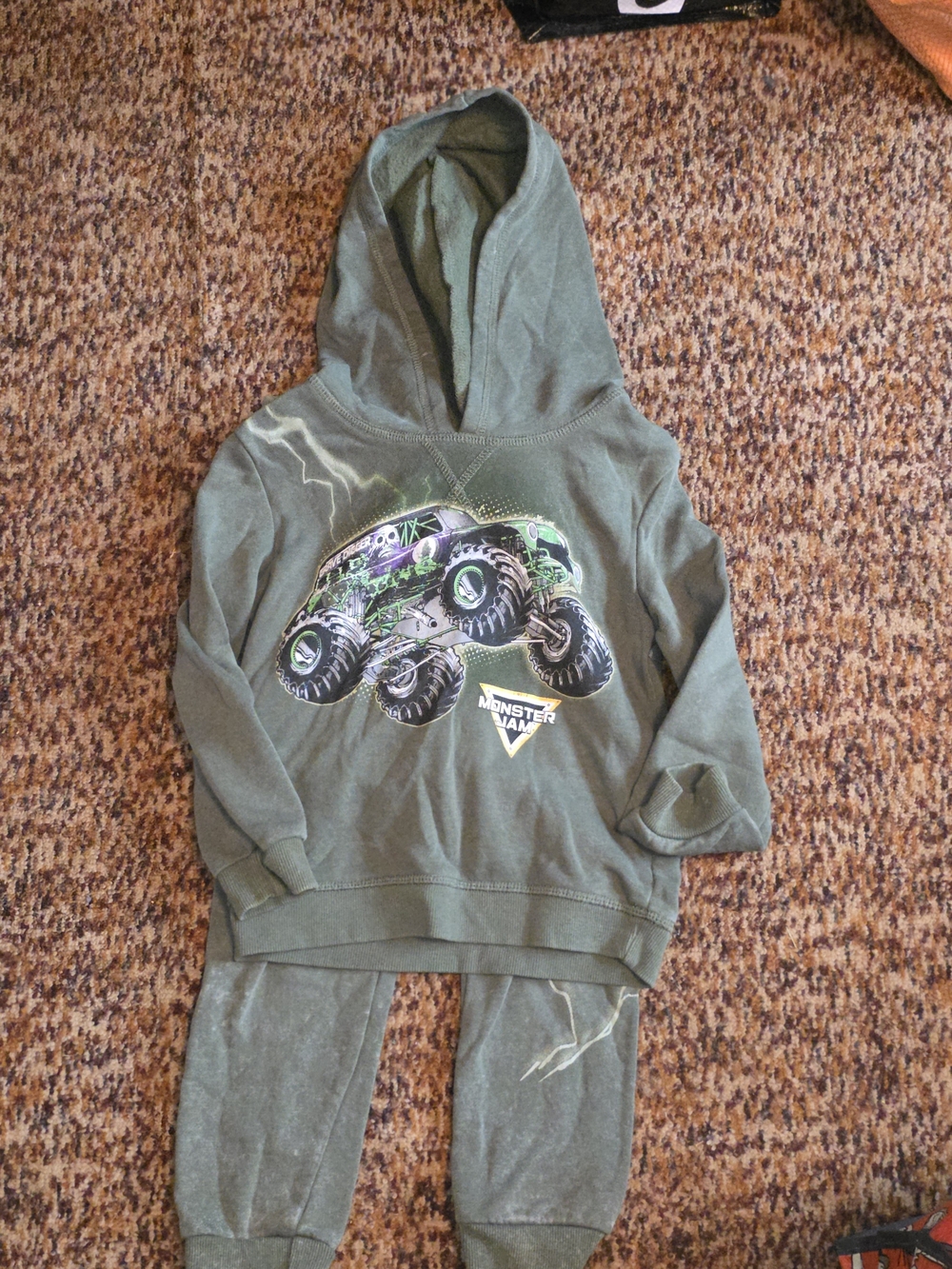 Kids Olive Green Monster Truck Hoodie & Jogger Set